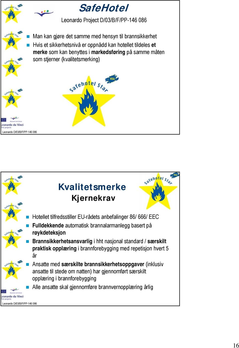 automatisk brannalarmanlegg basert på røykdeteksjon Brannsikkerhetsansvarlig i hht nasjonal standard / særskilt praktisk opplæring i brannforebygging med repetisjon hvert 5 år