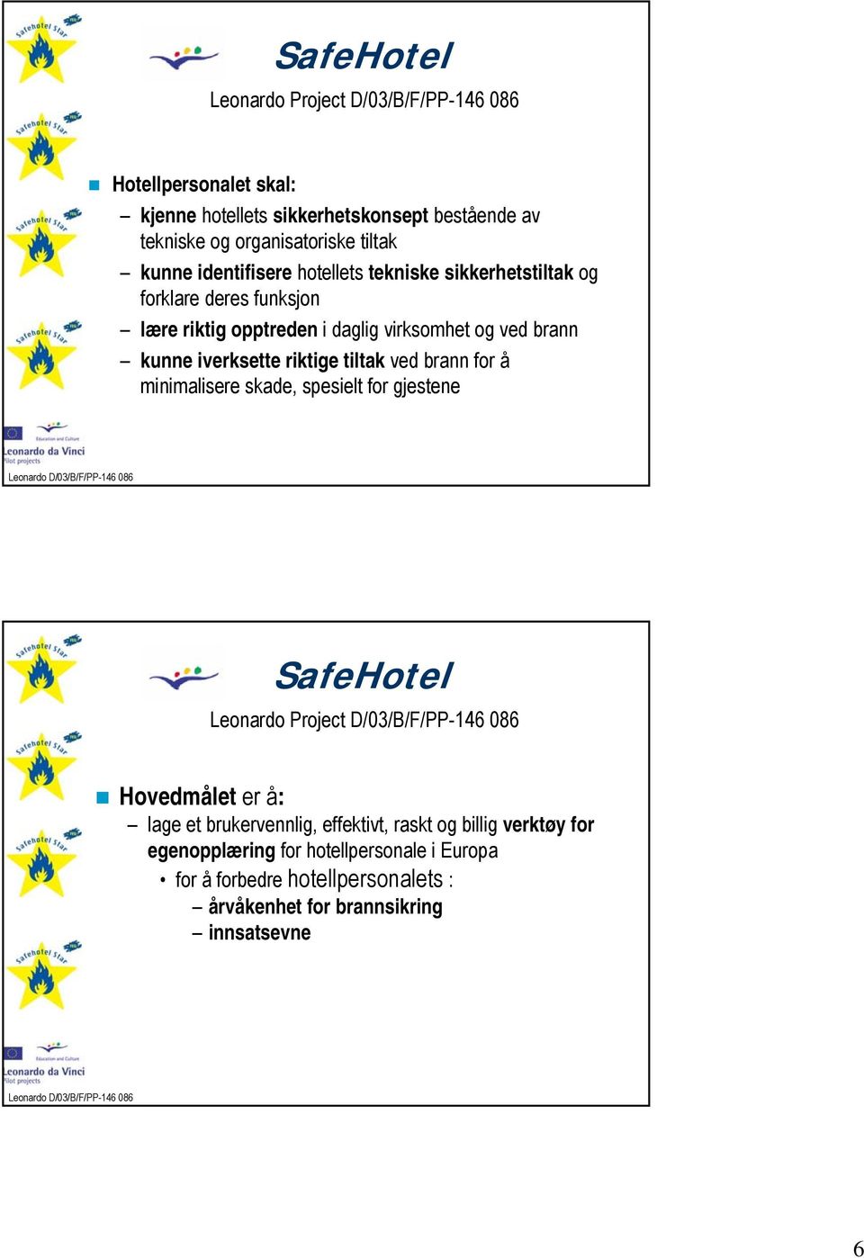riktige tiltak ved brann for å minimalisere skade, spesielt for gjestene SafeHotel Leonardo Project D/03/B/F/PP-146 086 Hovedmålet er å: lage et