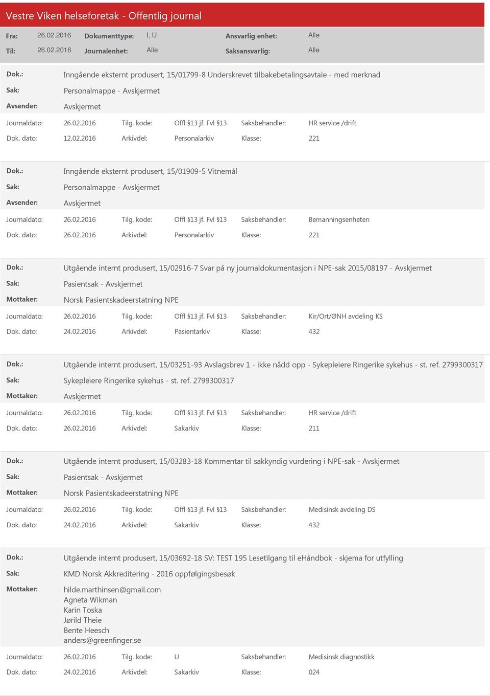 dato: Arkivdel: Personalarkiv Utgående internt produsert, 15/02916-7 Svar på ny journaldokumentasjon i NPE-sak 2015/08197 - Pasientsak - Norsk Pasientskadeerstatning NPE Kir/Ort/ØNH avdeling KS Dok.