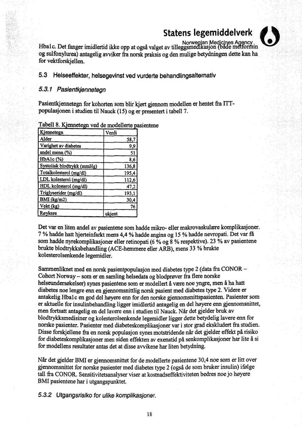 3 Helseeffekter, helsegevinst ved vurderte behandlingsaltemativ 5.3.1 Pasientkjennetegn Pasientkjennetegn for kohorten som blir kjørt gjennom modellen er hentet fra ITTpopulasjonen i studien til Nauck (15) og er presentert i tabell 7.