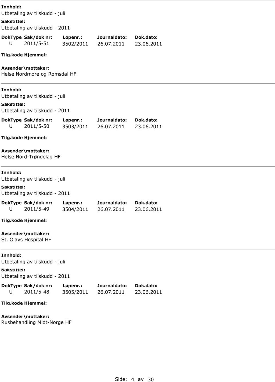 2011 Helse Nord-Trøndelag HF tbetaling av tilskudd - juli tbetaling av tilskudd - 2011 2011/5-49 3504/2011 23.06.