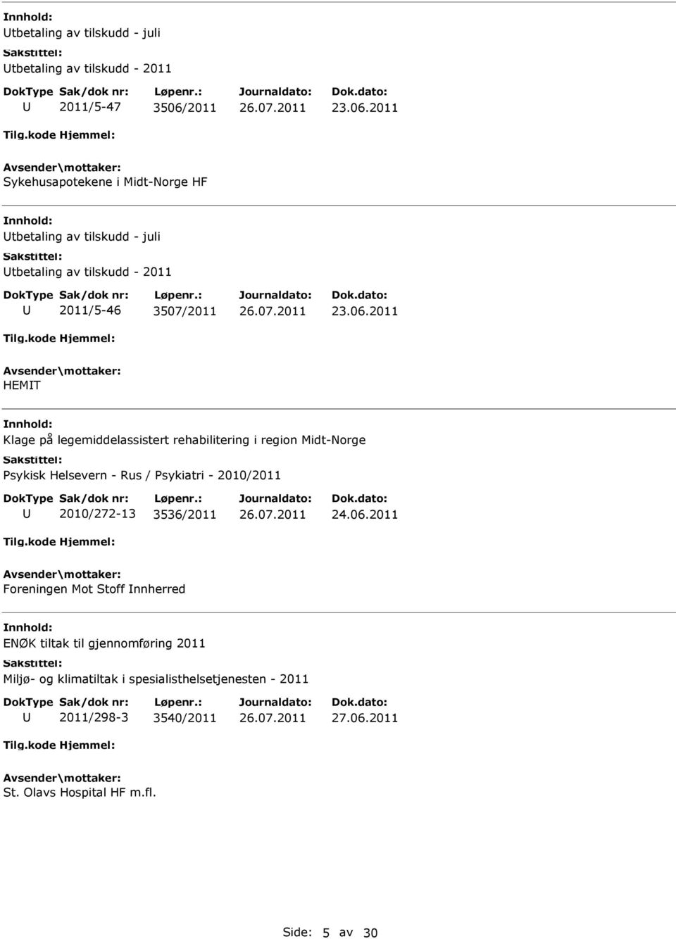 2011 Sykehusapotekene i Midt-Norge HF tbetaling av tilskudd - juli tbetaling av tilskudd - 2011 2011/5-46 3507/2011 HEMIT Klage på