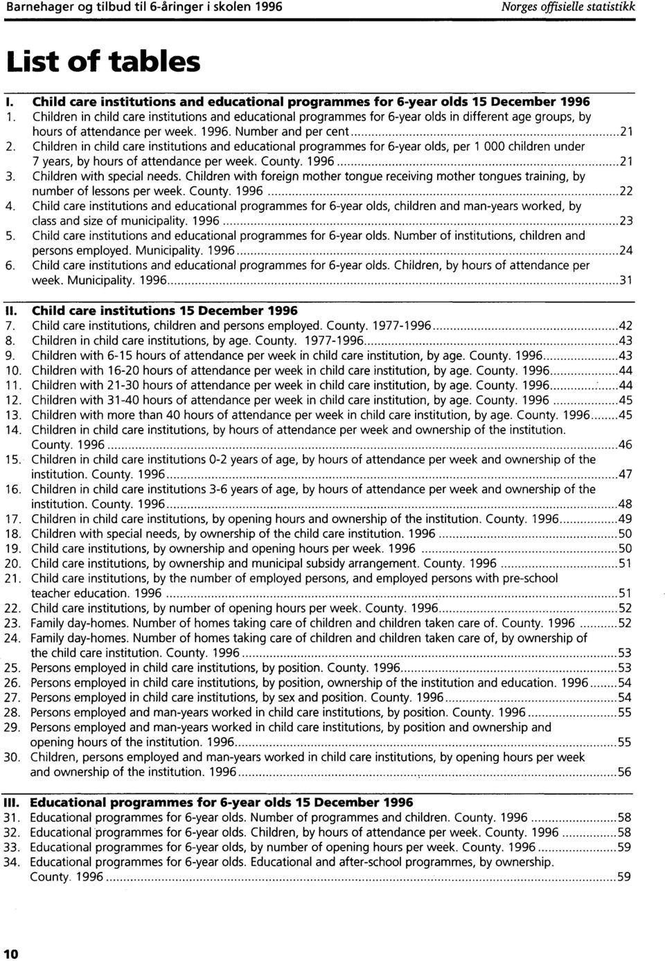 Children in child care institutions and educational programmes for 6year olds, per 1 000 children under 7 years, by hours of attendance per week. County. 1996 21 3. Children with special needs.
