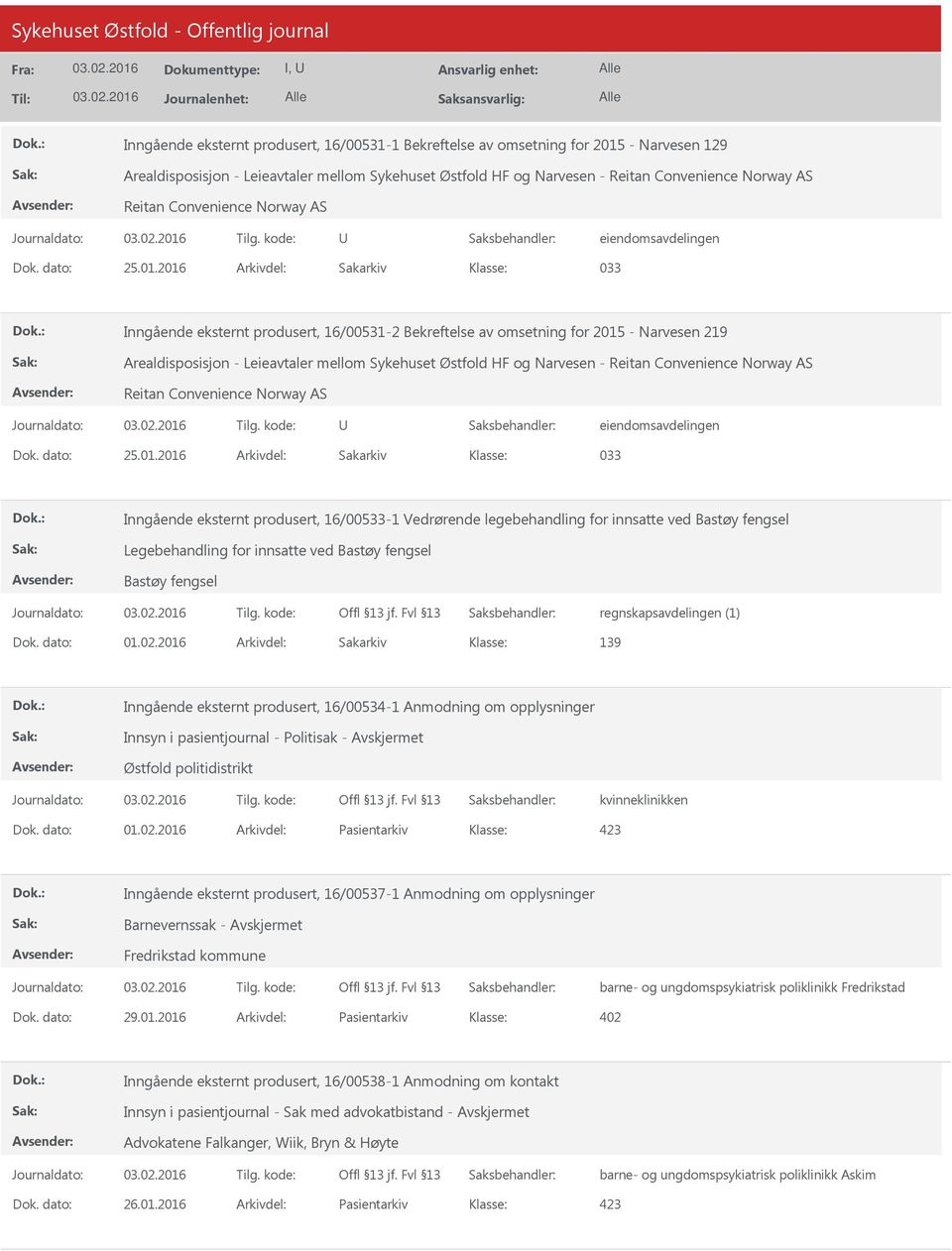 2016 Arkivdel: Sakarkiv 033 Inngående eksternt produsert, 16/00531-2 Bekreftelse av omsetning for 2015 - Narvesen 219 Arealdisposisjon - Leieavtaler mellom Sykehuset Østfold HF og Narvesen - Reitan