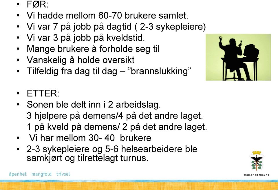 Mange brukere å forholde seg til Vanskelig å holde oversikt Tilfeldig fra dag til dag brannslukking ETTER: Sonen