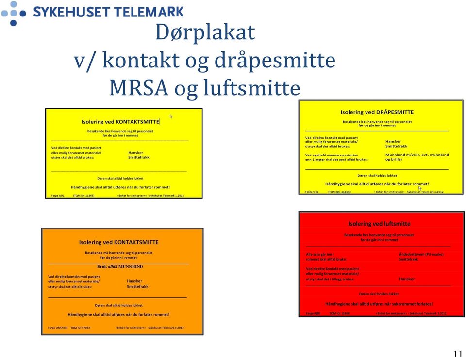 kontakt med pasient eller mulig forurenset materiale/ utstyr skal det i tillegg brukes: Hansker Døren skal holdes lukket