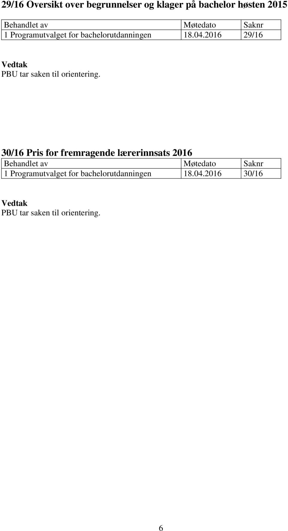 2016 29/16 PBU tar saken til orientering.