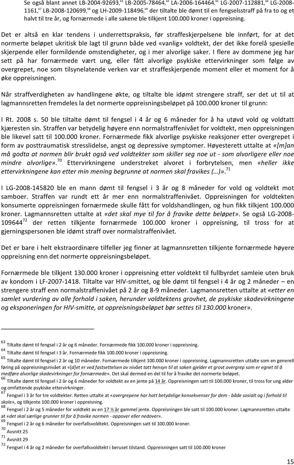 Det er altså en klar tendens i underrettspraksis, før straffeskjerpelsene ble innført, for at det normerte beløpet ukritisk ble lagt til grunn både ved «vanlig» voldtekt, der det ikke forelå