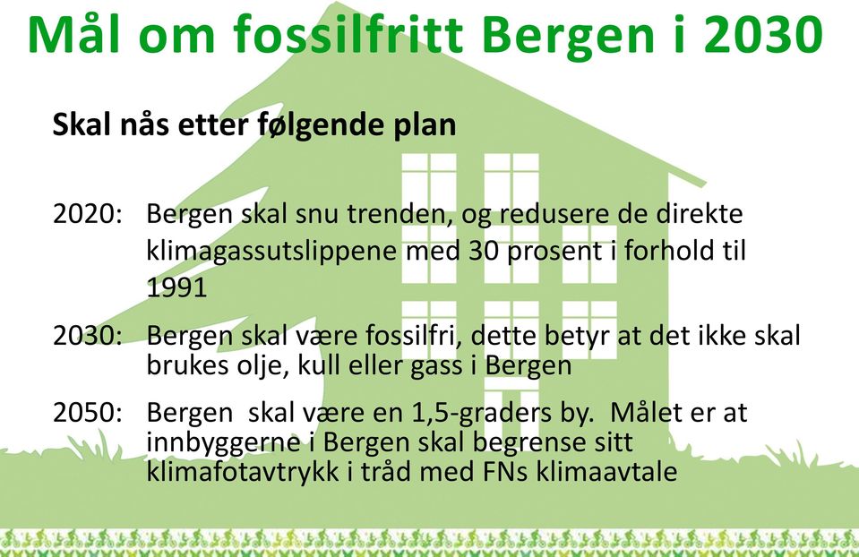 fossilfri, dette betyr at det ikke skal brukes olje, kull eller gass i Bergen 2050: Bergen skal være