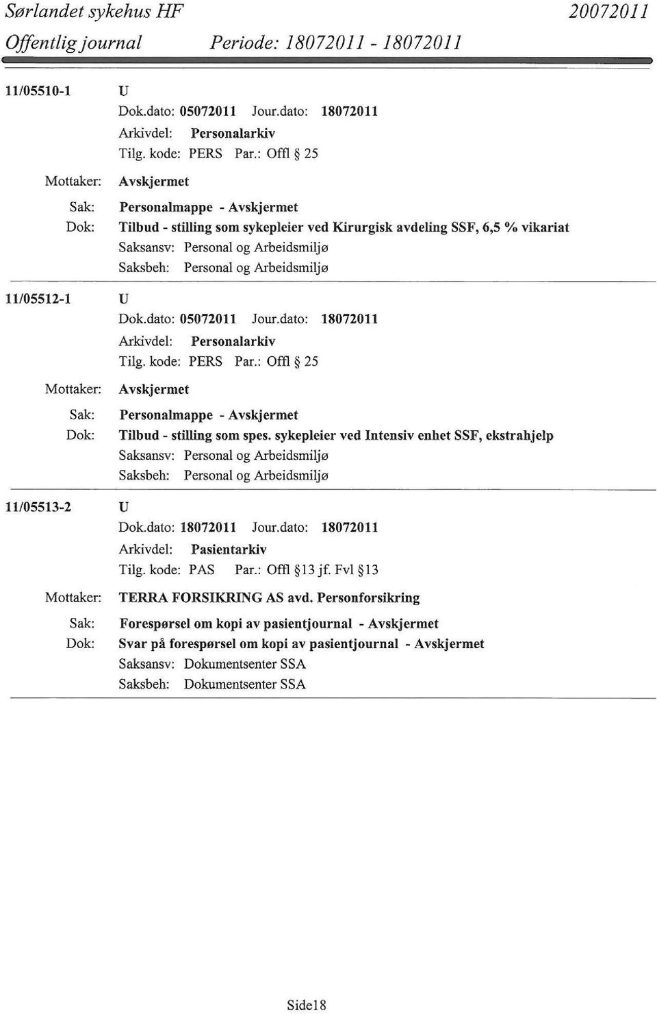 dato: 18072011 Personalmappe - Tilbud- stilling som spes. sykepleier ved Intensiv enhet SSF, ekstrahjelp 11/05513-2 u Dok.dato: 18072011 Jour.