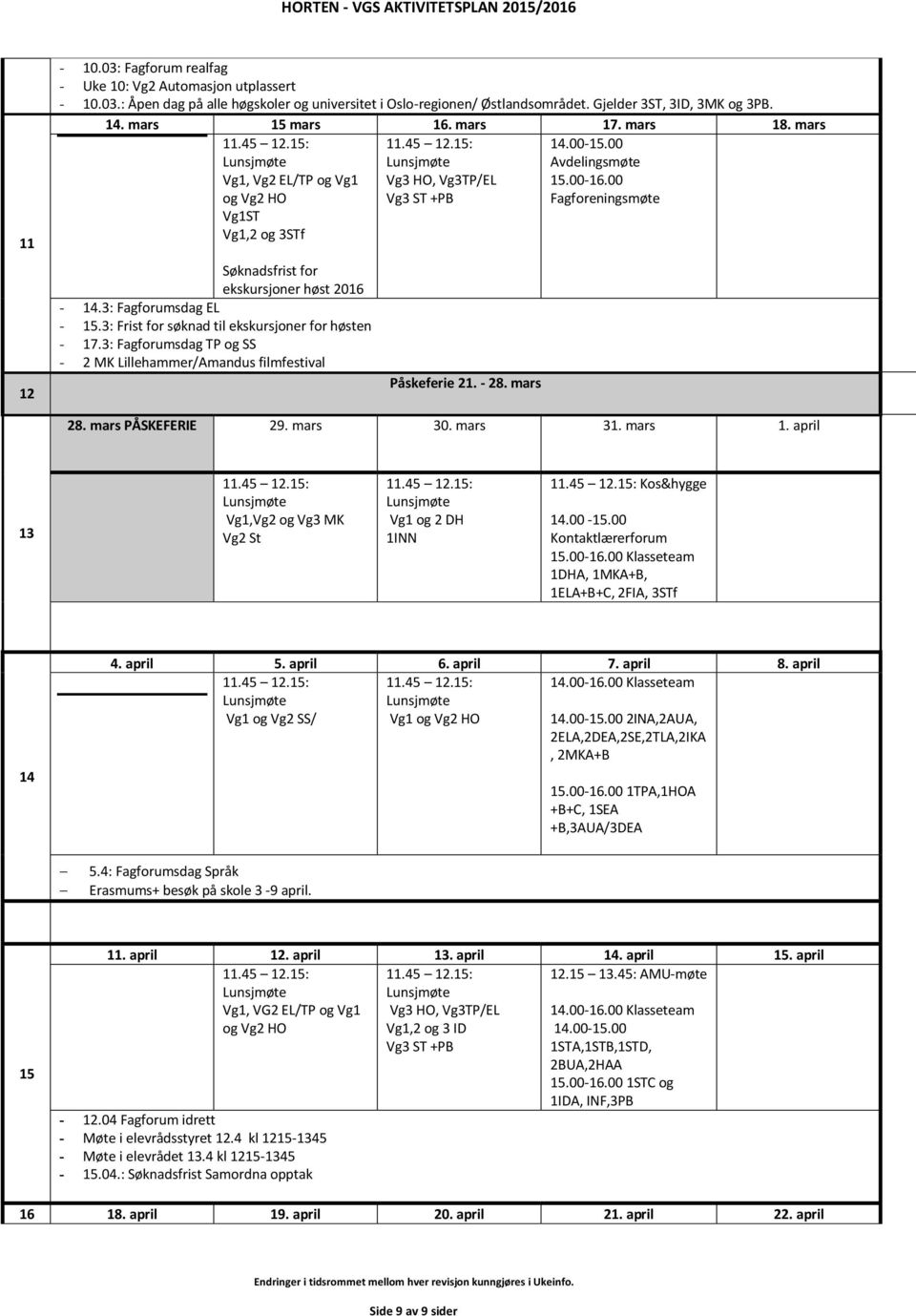 3: Fagforumsdag TP og SS - 2 MK Lillehammer/Amandus filmfestival Vg3 ST +PB Påskeferie 21. - 28. mars Avdelingsmøte Fagforeningsmøte 28. mars PÅSKEFERIE 29. mars 30. mars 31. mars 1.