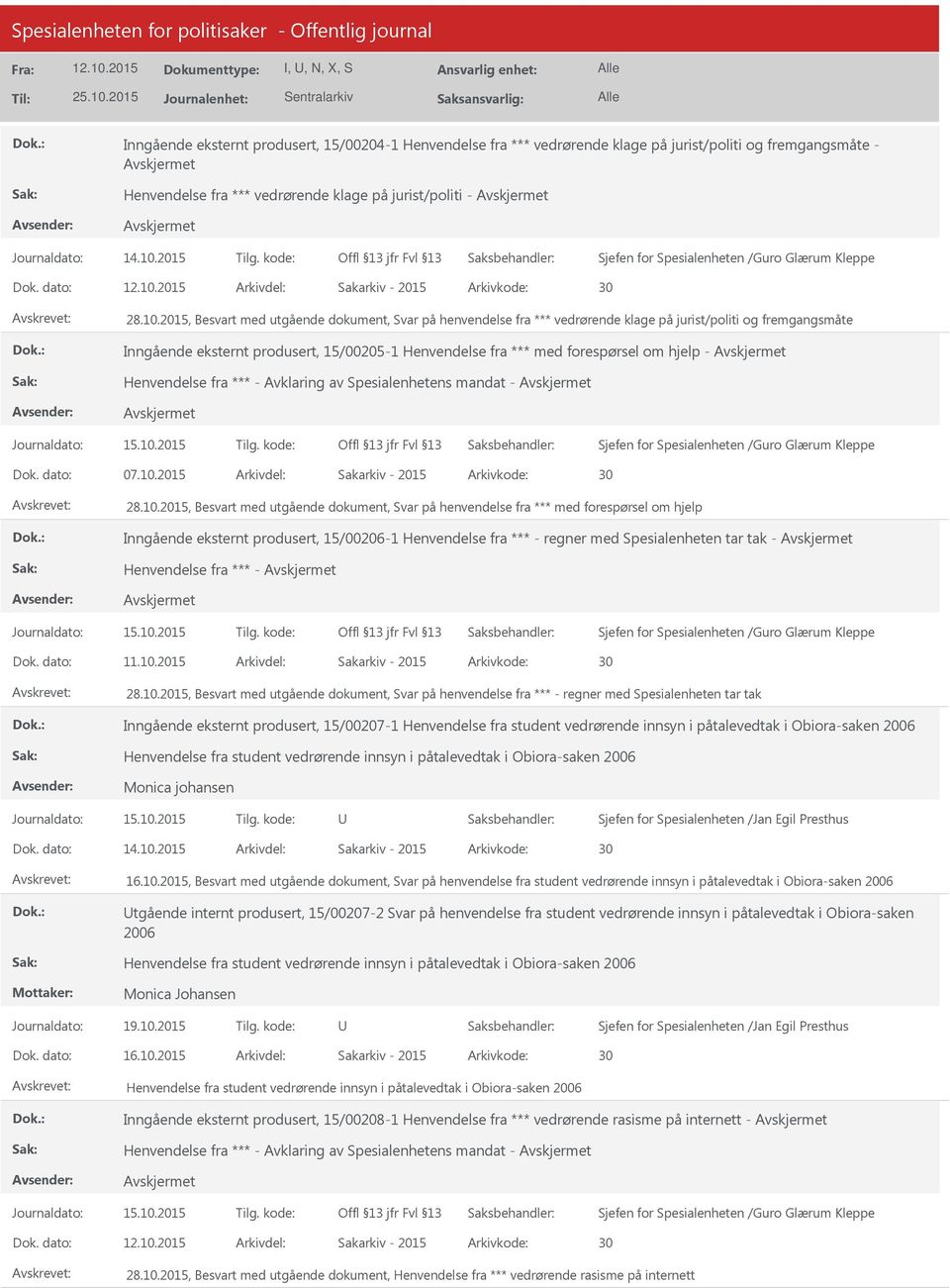 Inngående eksternt produsert, 15/00205-1 Henvendelse fra *** med forespørsel om hjelp - Henvendelse fra *** - Avklaring av Spesialenhetens mandat - Journaldato: 15.10.2015 Tilg. kode: Dok. dato: 07.