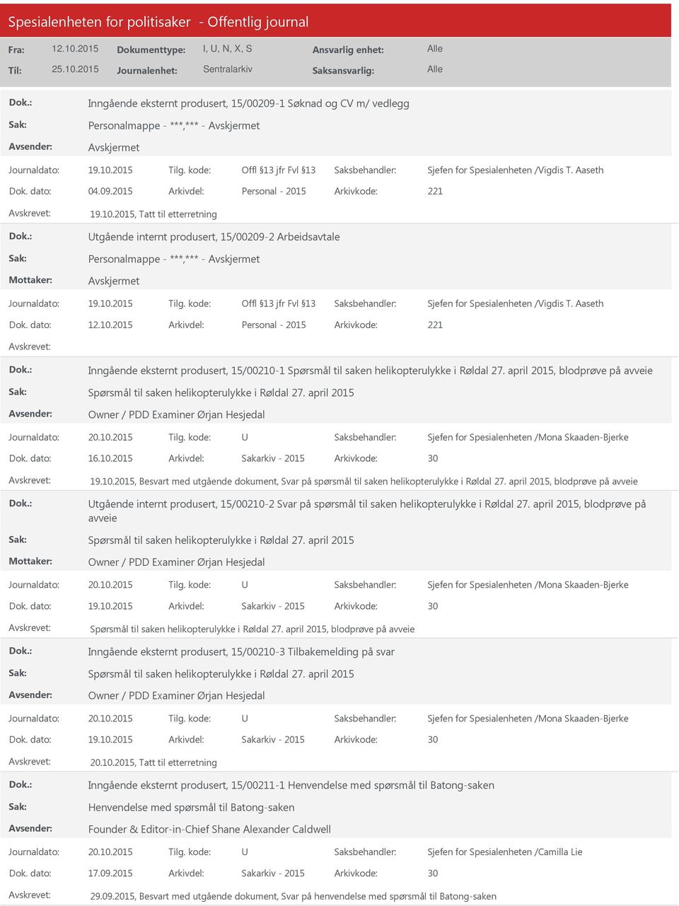 dato: Arkivdel: Personal - 2015 Arkivkode: 221 Inngående eksternt produsert, 15/00210-1 Spørsmål til saken helikopterulykke i Røldal 27.