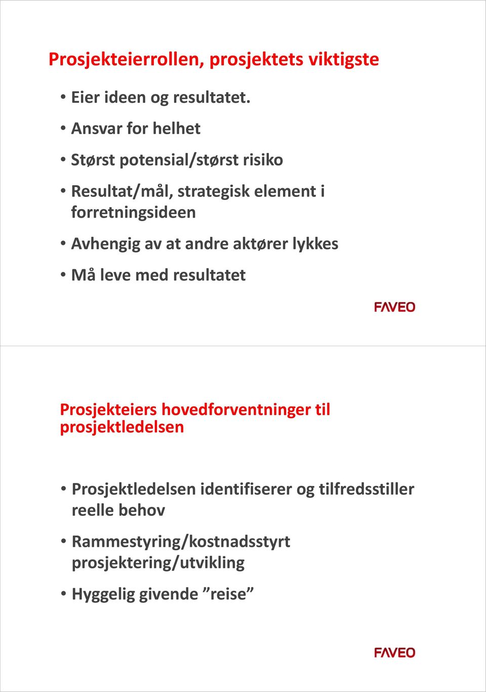 Avhengig av at andre aktører lykkes Må leve med resultatet Prosjekteiers hovedforventninger til