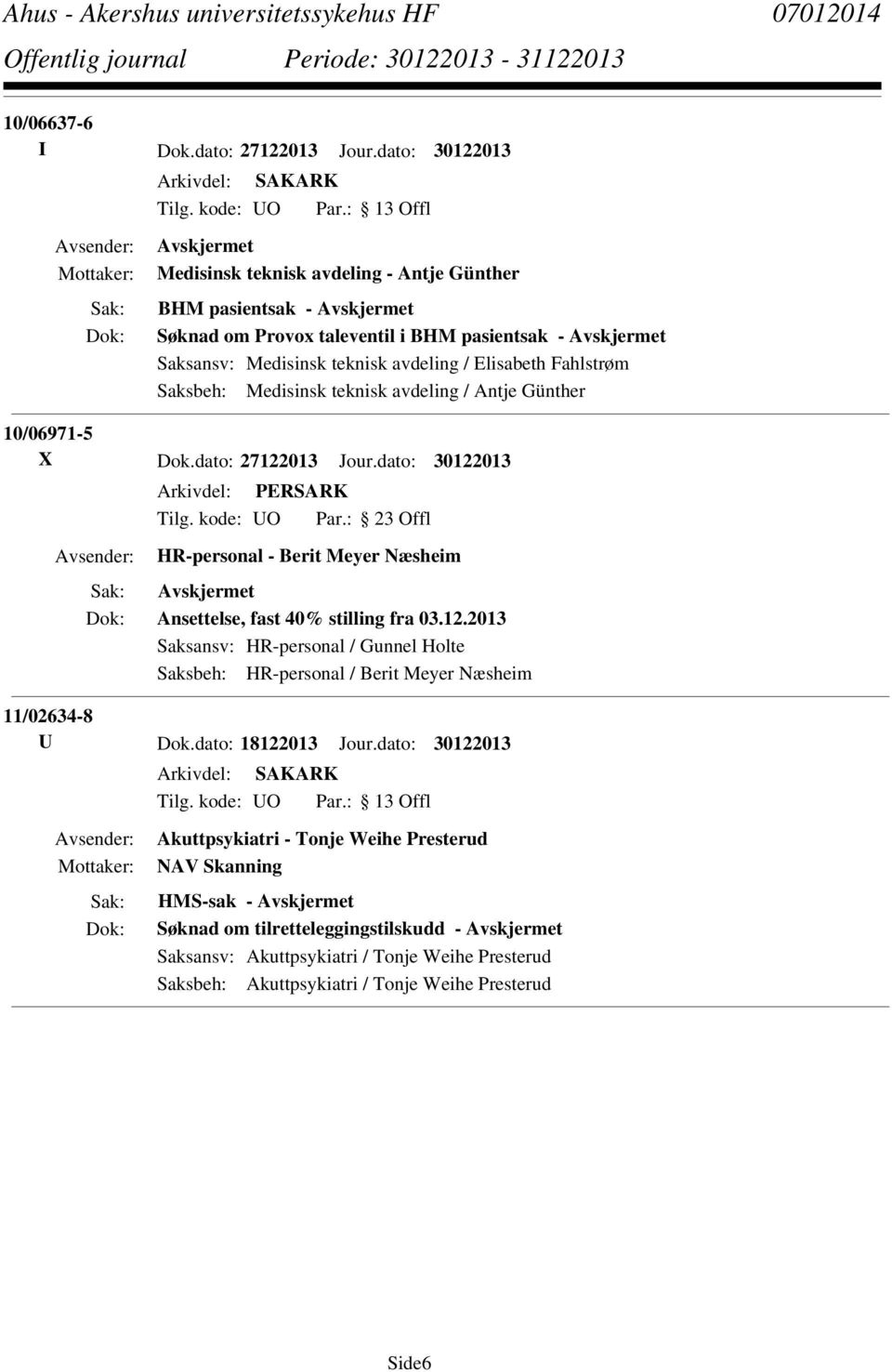 Saksbeh: Medisinsk teknisk avdeling / Antje Günther 10/06971-5 X Dok.dato: 27122013 Jour.dato: 30122013 HR-personal - Berit Meyer Næsheim Ansettelse, fast 40% stilling fra 03.12.2013 Saksansv: HR-personal / Gunnel Holte Saksbeh: HR-personal / Berit Meyer Næsheim 11/02634-8 U Dok.