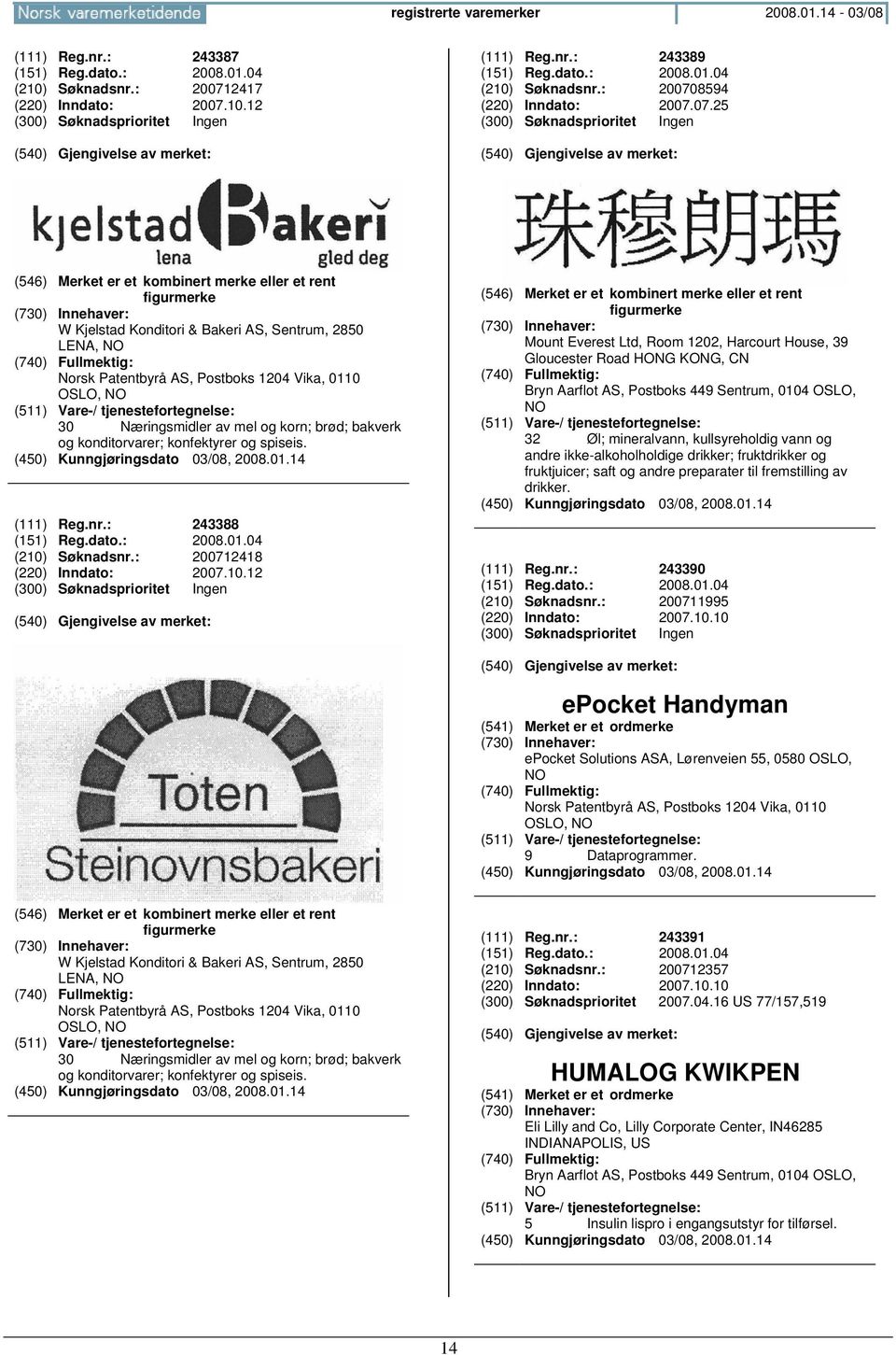 korn; brød; bakverk og konditorvarer; konfektyrer og spiseis. (111) Reg.nr.: 243388 (151) Reg.dato.: 2008.01.04 (210)