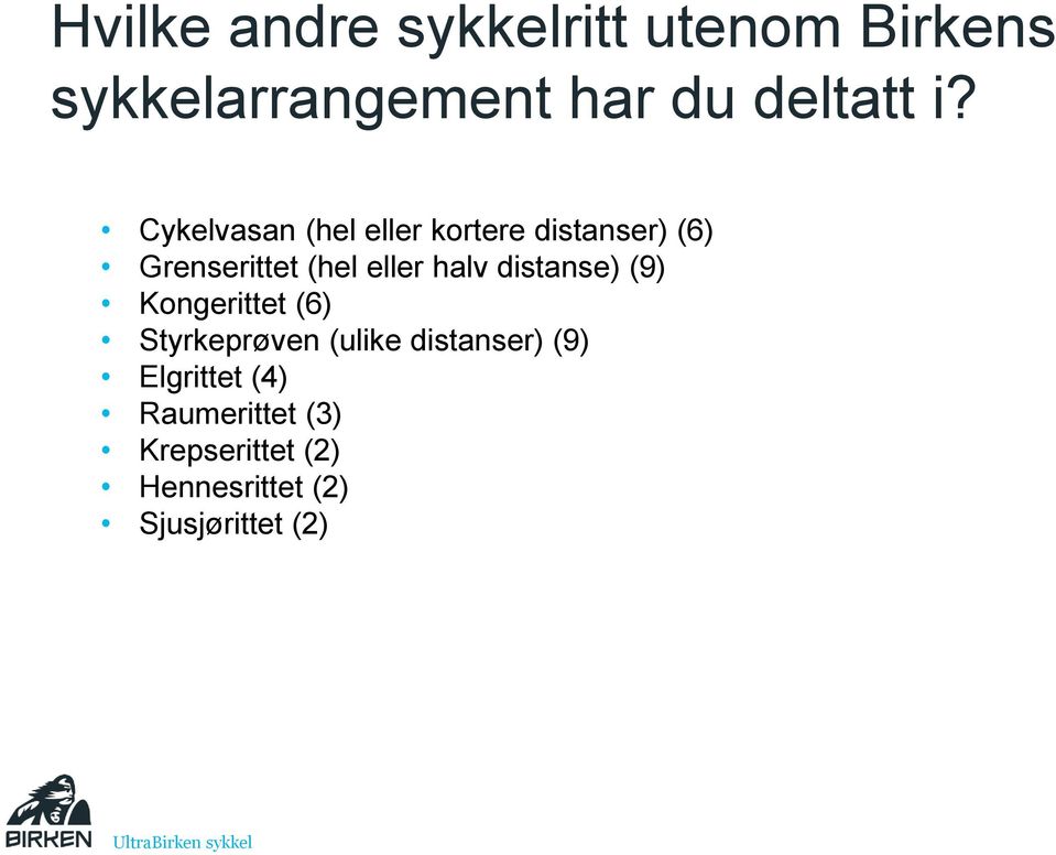 distanse) (9) Kongerittet (6) Styrkeprøven (ulike distanser) (9) Elgrittet (4)