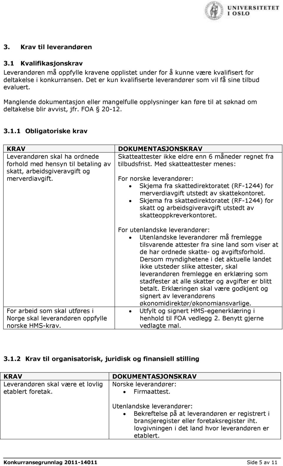 . 3.1.1 Obligatoriske krav KRAV Leverandøren skal ha ordnede forhold med hensyn til betaling av skatt, arbeidsgiveravgift og merverdiavgift.