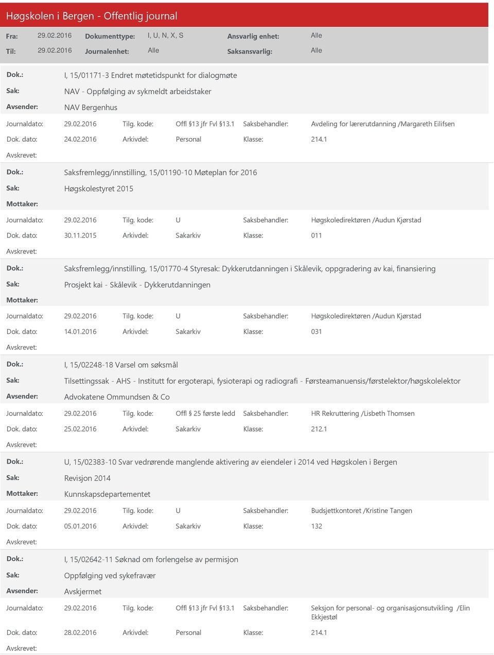 0-10 Møteplan for 2016 Høgskolestyret 2015 Dok. dato: 30.11.