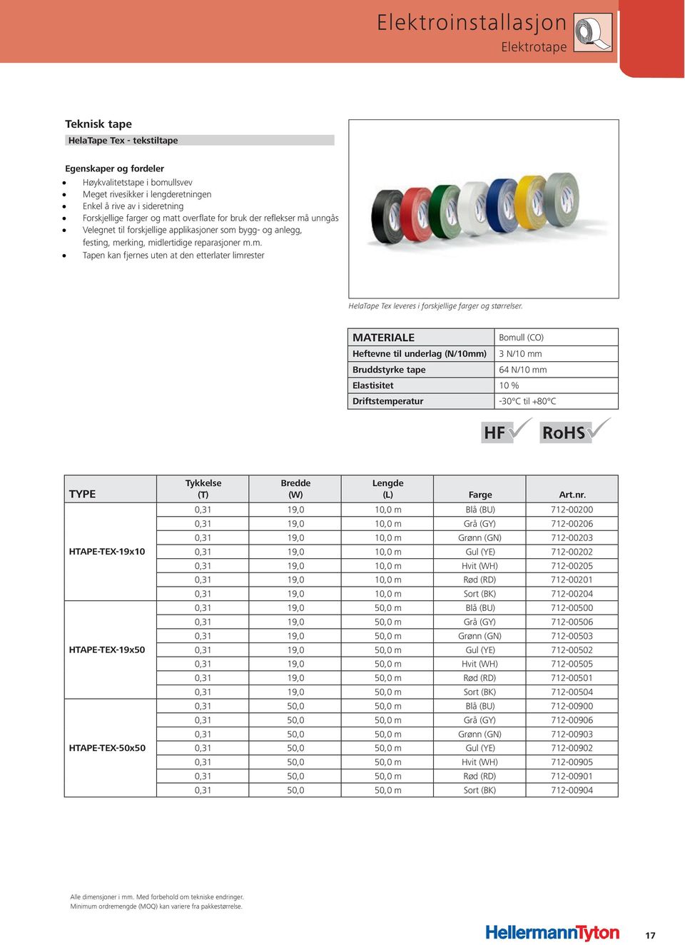 Bomull (CO) Heftevne til underlag (N/10mm) 3 N/10 mm Bruddstyrke tape 64 N/10 mm Elastisitet 10 % Driftstemperatur -30 C til +80 C HTAPE-TEX-19x10 HTAPE-TEX-19x50 HTAPE-TEX-50x50 (L) Farge Art.nr.