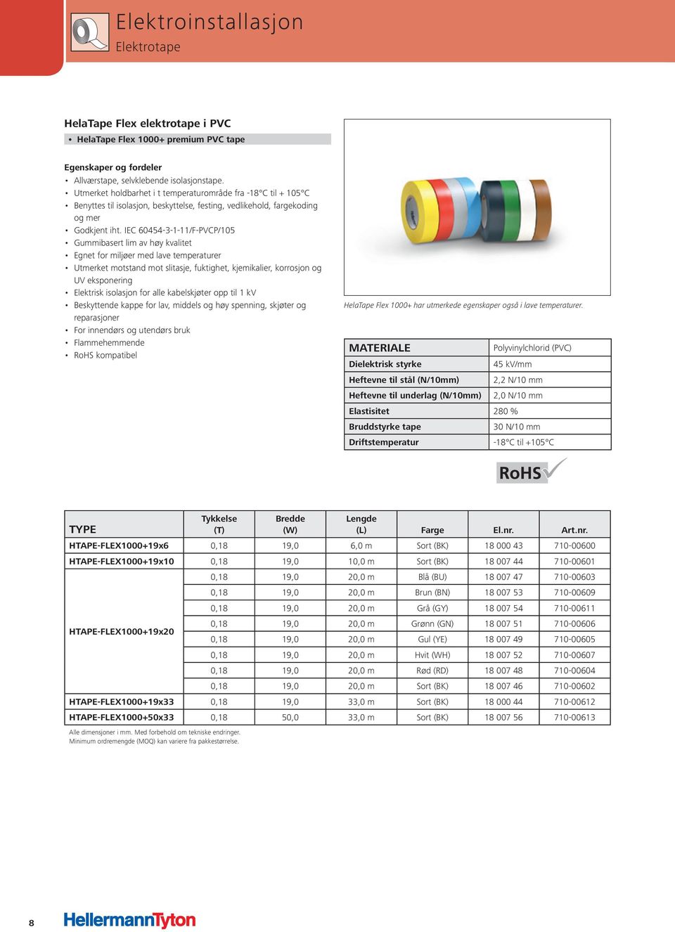 IEC 60454-3-1-11/F-PVCP/105 Gummibasert lim av høy kvalitet Egnet for miljøer med lave temperaturer Utmerket motstand mot slitasje, fuktighet, kjemikalier, korrosjon og UV eksponering Elektrisk