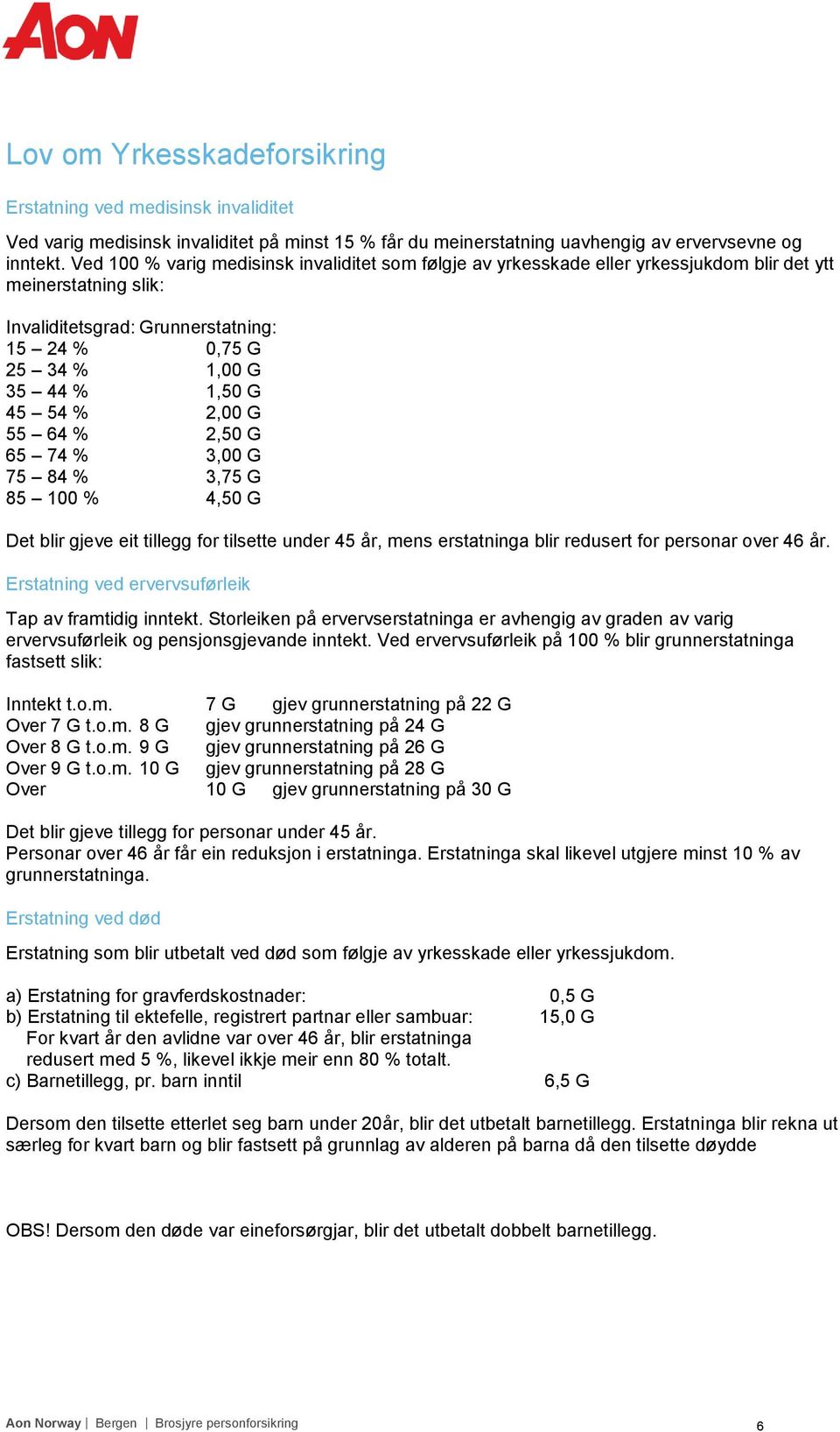 54 % 2,00 G 55 64 % 2,50 G 65 74 % 3,00 G 75 84 % 3,75 G 85 100 % 4,50 G Det blir gjeve eit tillegg for tilsette under 45 år, mens erstatninga blir redusert for personar over 46 år.