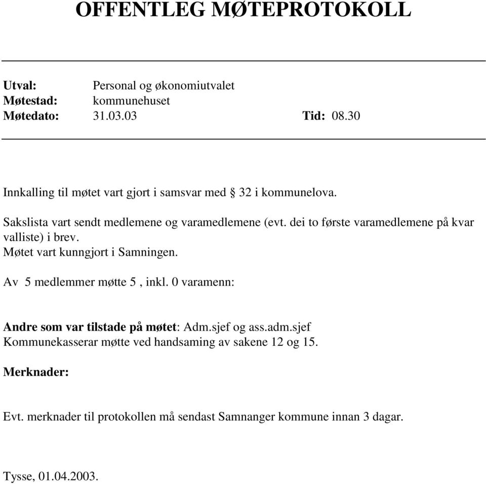 dei to første varamedlemene på kvar valliste) i brev. Møtet vart kunngjort i Samningen. Av 5 medlemmer møtte 5, inkl.