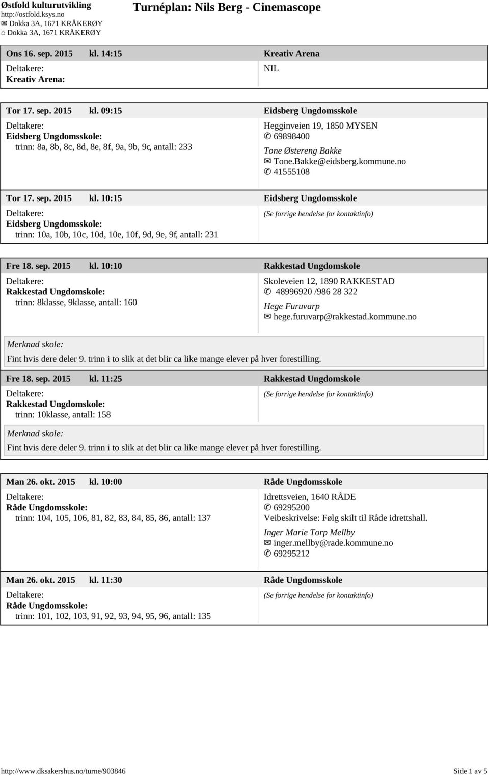 10:15 Eidsberg Ungdomsskole Eidsberg Ungdomsskole: trinn: 10a, 10b, 10c, 10d, 10e, 10f, 9d, 9e, 9f, antall: 231 Fre 18. sep. 2015 kl.