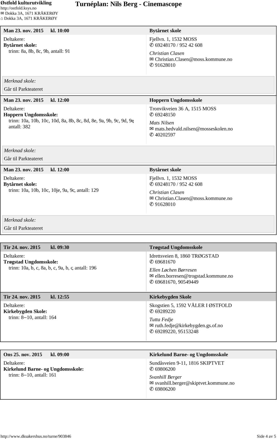 12:00 Hoppern Ungdomsskole Hoppern Ungdomsskole: trinn: 10a, 10b, 10c, 10d, 8a, 8b, 8c, 8d, 8e, 9a, 9b, 9c, 9d, 9e, antall: 382 Tronvikveien 36 A, 1515 MOSS 69248150 Mats Nilsen mats.hedvald.