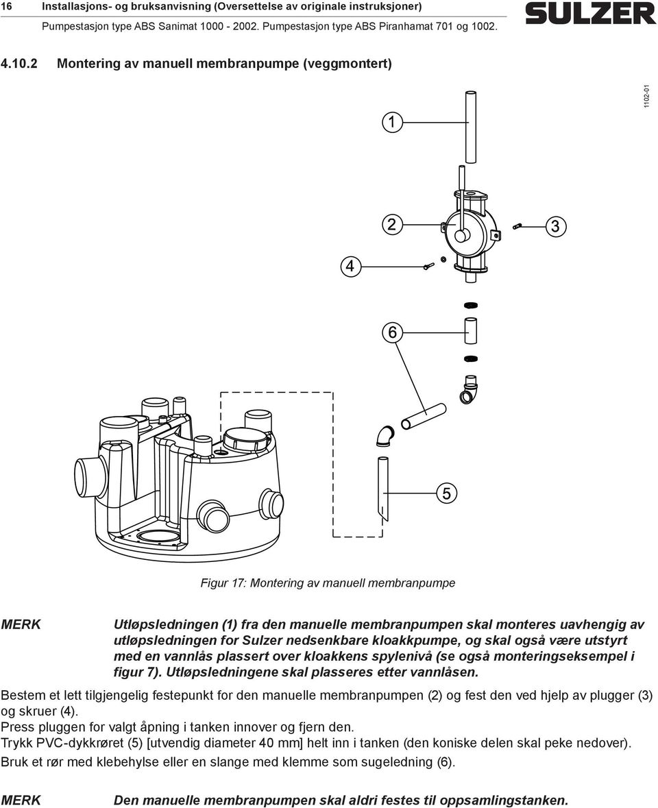Sulzer nedsenkbare kloakkpumpe, og skal også være utstyrt med en vannlås plassert over kloakkens spylenivå (se også monteringseksempel i figur 7). Utløpsledningene skal plasseres etter vannlåsen.