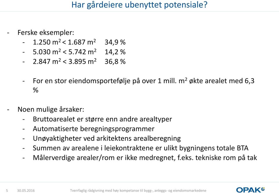 m 2 økte arealet med 6,3 % - Noen mulige årsaker: - Bruttoarealet er større enn andre arealtyper - Automatiserte beregningsprogrammer