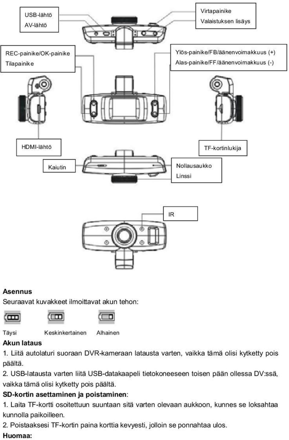 Liit autolaturi suoraan DVR-kameraan latausta varten, vaikka t m olisi kytketty pois p lt. 2.