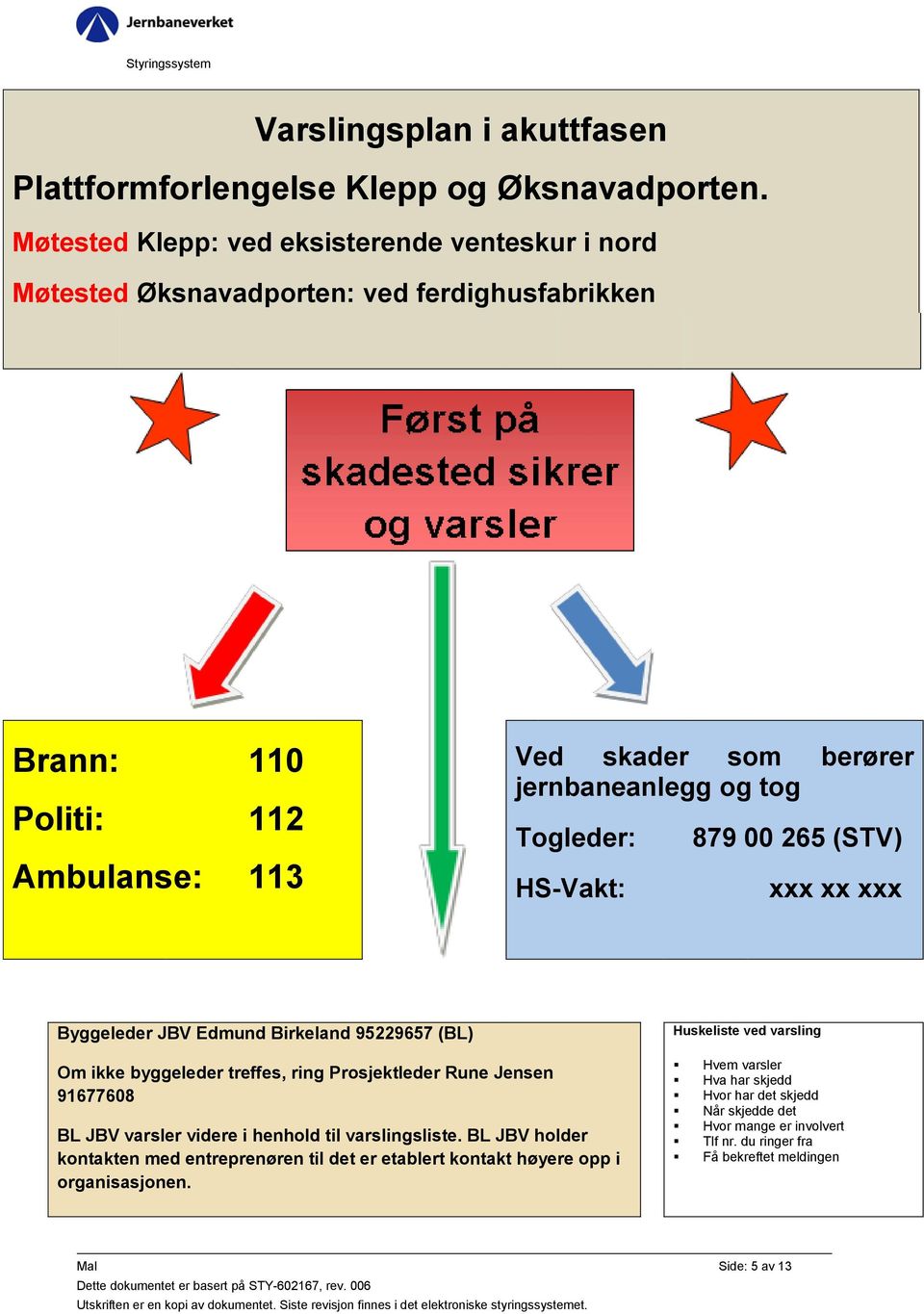 Togleder: HS-Vakt: 879 00 265 (STV) xxx xx xxx Byggeleder JBV Edmund Birkeland 95229657 (BL) Huskeliste ved varsling Om ikke byggeleder treffes, ring Prosjektleder Rune Jensen