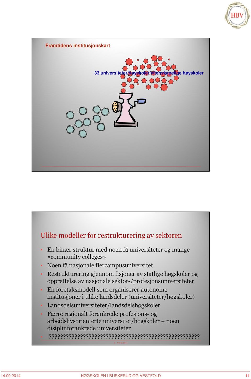 foretaksmodell som organiserer autonome institusjoner i ulike landsdeler (universiteter/høgskoler) Landsdelsuniversiteter/landsdelshøgskoler Færre regionalt forankrede