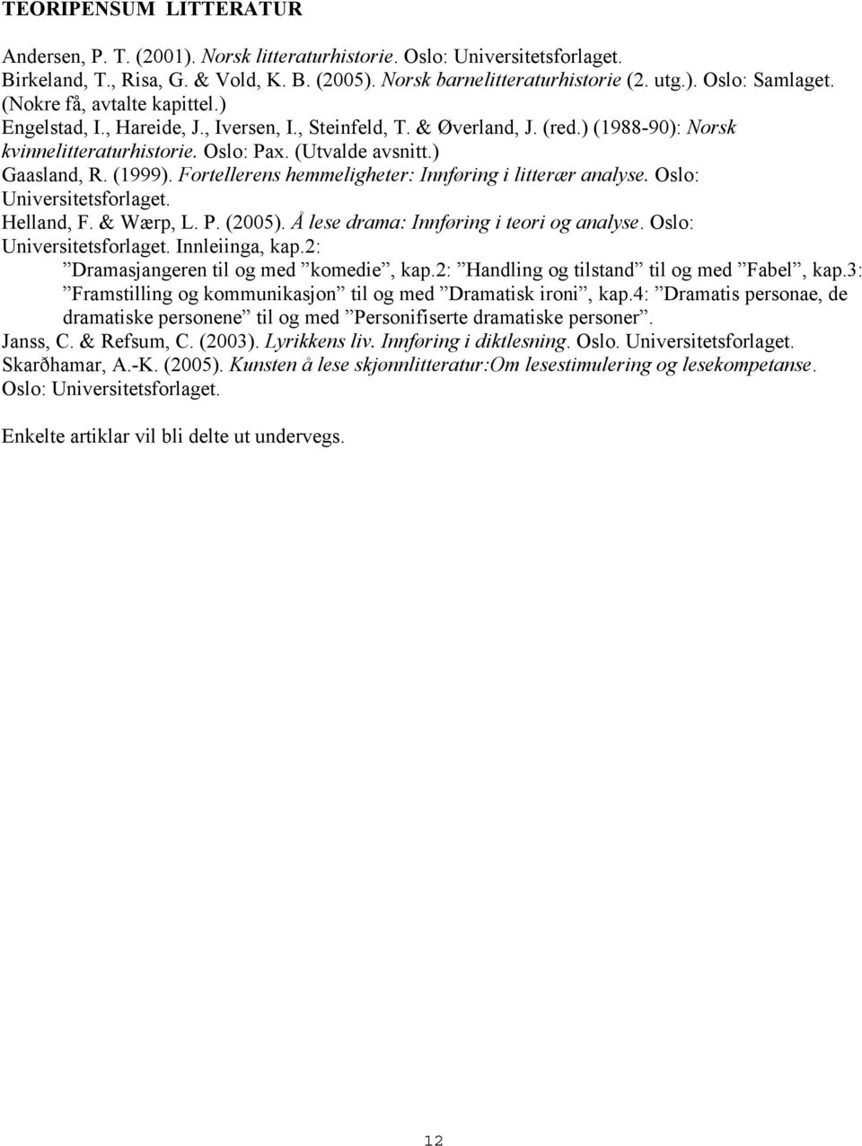 Fortellerens hemmeligheter: Innføring i litterær analyse. Oslo: Universitetsforlaget. Helland, F. & Wærp, L. P. (2005). Å lese drama: Innføring i teori og analyse. Oslo: Universitetsforlaget. Innleiinga, kap.