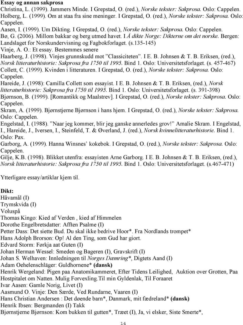 Bergen: Landslaget for Norskundervisning og Fagbokforlaget. (s.135-145) Vinje, A. O.: Et essay. Bestemmes senere Haarberg, J. (1998). Vinjes grunnskudd mot Classiciteten. I E. B. Johnsen & T. B. Eriksen, (red.