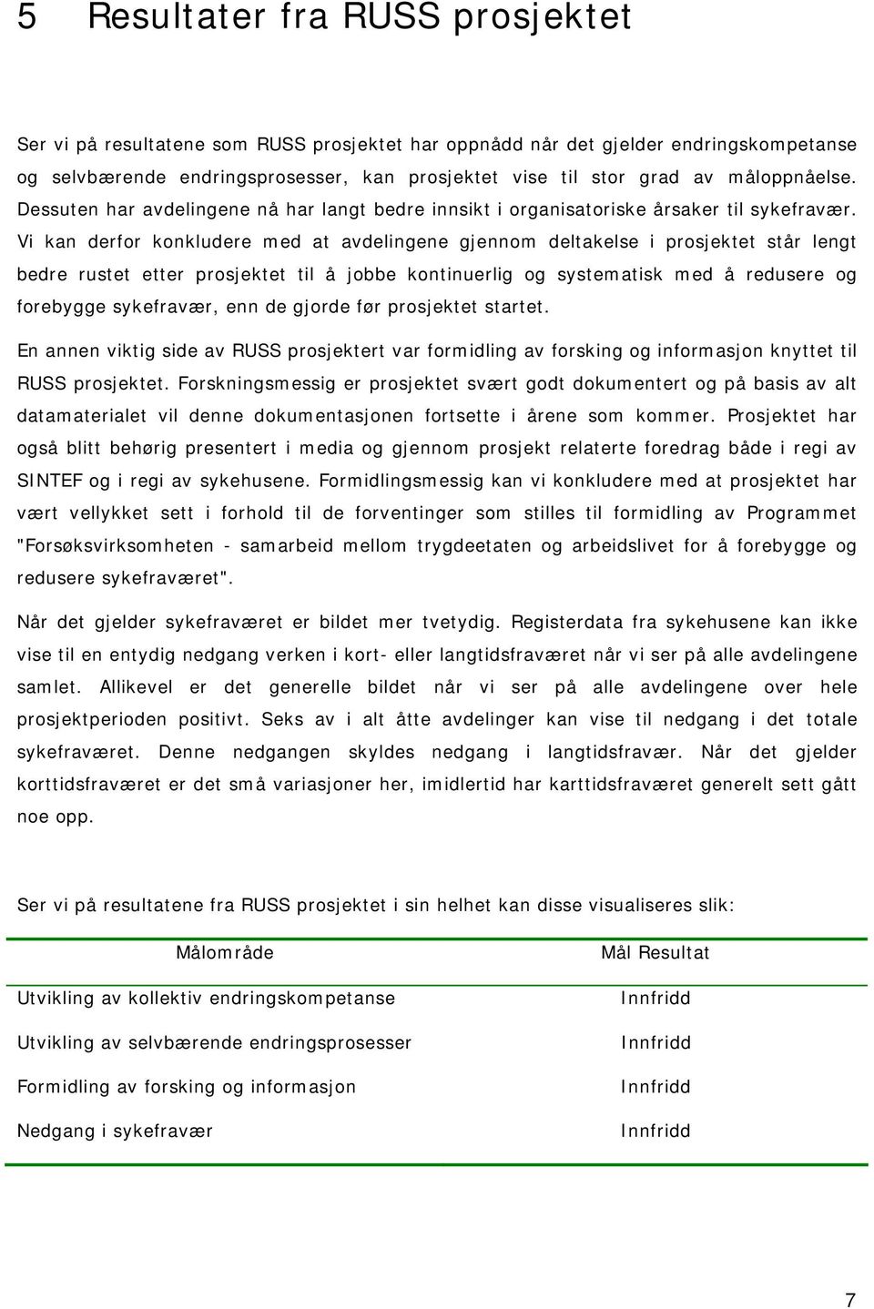 Vi kan derfor konkludere med at avdelingene gjennom deltakelse i prosjektet står lengt bedre rustet etter prosjektet til å jobbe kontinuerlig og systematisk med å redusere og forebygge sykefravær,