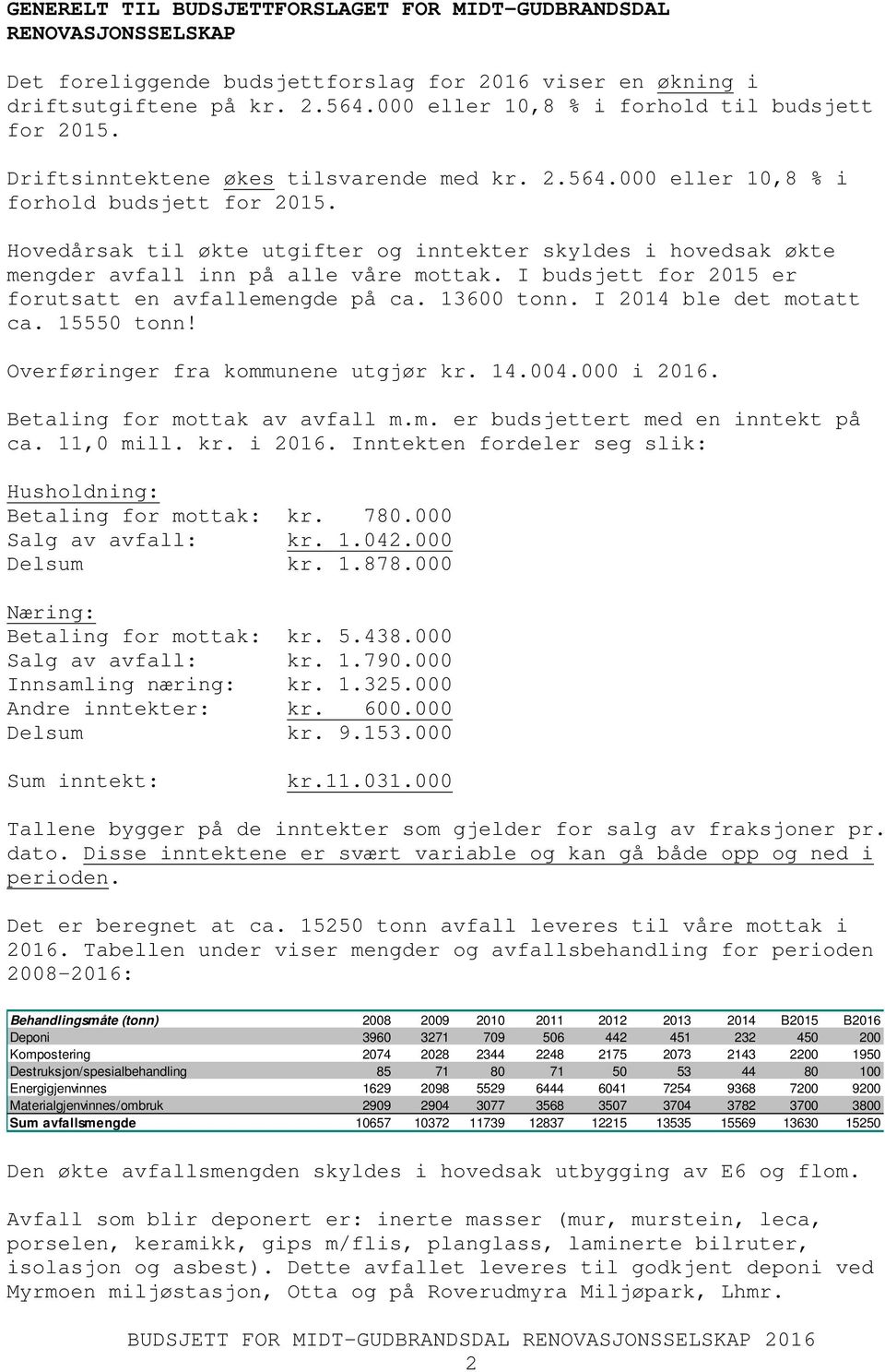 Hovedårsak til økte utgifter og inntekter skyldes i hovedsak økte mengder avfall inn på alle våre mottak. I budsjett for 2015 er forutsatt en avfallemengde på ca. 13600 tonn. I 2014 ble det motatt ca.