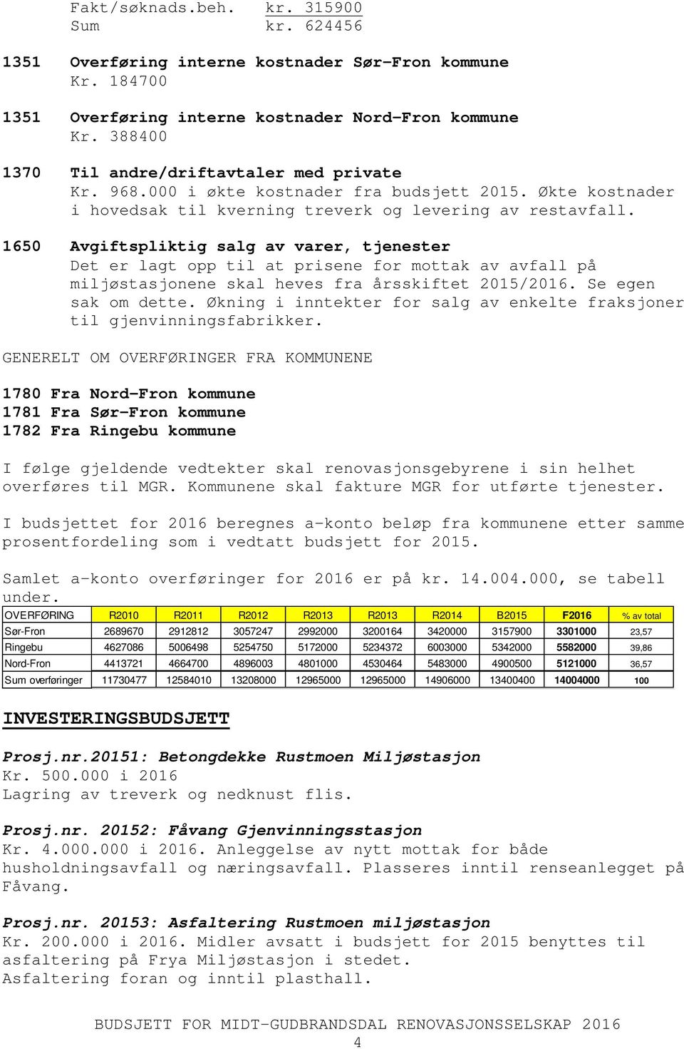 1650 Avgiftspliktig salg av varer, tjenester Det er lagt opp til at prisene for mottak av avfall på miljøstasjonene skal heves fra årsskiftet 2015/2016. Se egen sak om dette.