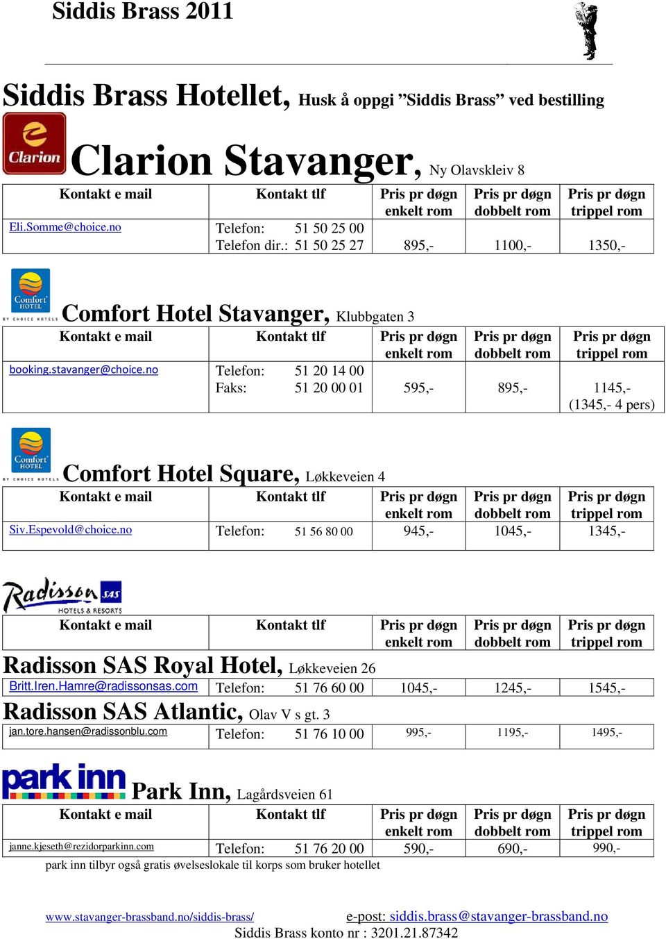 no Telefon: 51 20 14 00 Faks: 51 20 00 01 595,- 895,- 1145,- (1345,- 4 pers) Comfort Hotel Square, Løkkeveien 4 Kontakt e mail Kontakt tlf Siv.Espevold@choice.