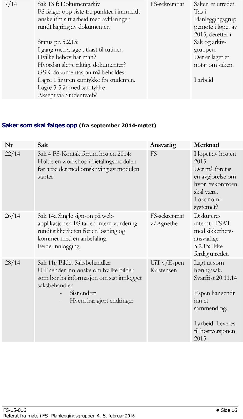 FS-sekretariat Saken er utredet. Tas i Planleggingsgrup pemøte i løpet av 2015, deretter i Sak og arkivgruppen. Det er laget et notat om saken.