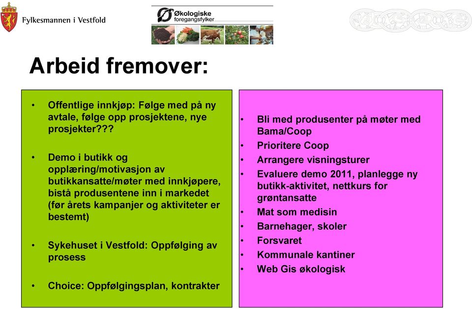 aktiviteter er bestemt) Sykehuset i Vestfold: Oppfølging av prosess Bli med produsenter på møter med Bama/Coop Prioritere Coop Arrangere