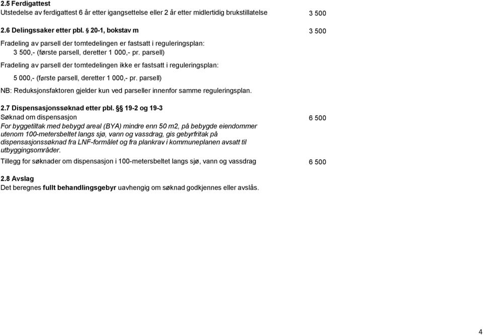 parsell) Fradeling av parsell der tomtedelingen ikke er fastsatt i reguleringsplan: 5 000,- (første parsell, deretter 1 000,- pr.