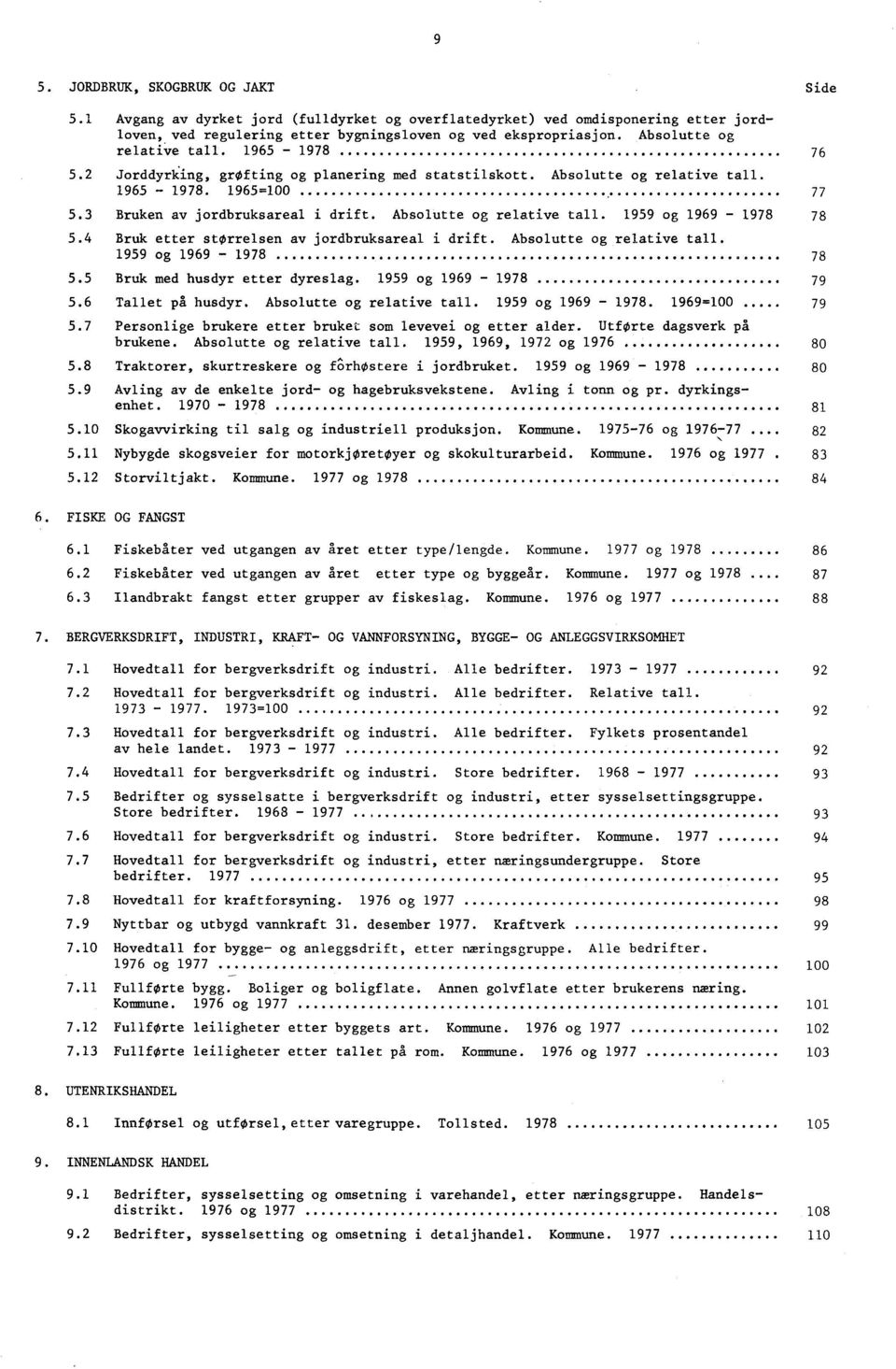 Absolutte og relative tall. 1959 og 1969-1978 78 5.4 Bruk etter storrelsen av jordbruksareal i drift. Absolutte og relative tall. 1959 og 1969-1978 78 5.5 Bruk med husdyr etter dyreslag.
