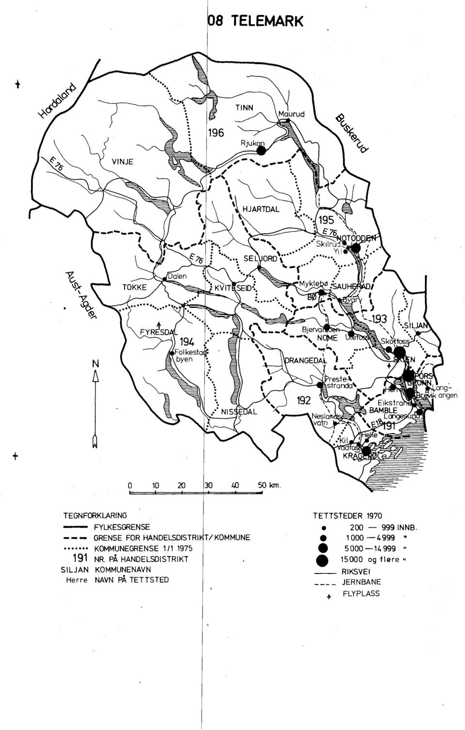 TEGNFORKLARING FYLKESGRENSE =I MI WM GRENSE FOR HANDELSDISTRI T/ KOMMUNE KOMMUNEGRENSE 1/1 1975