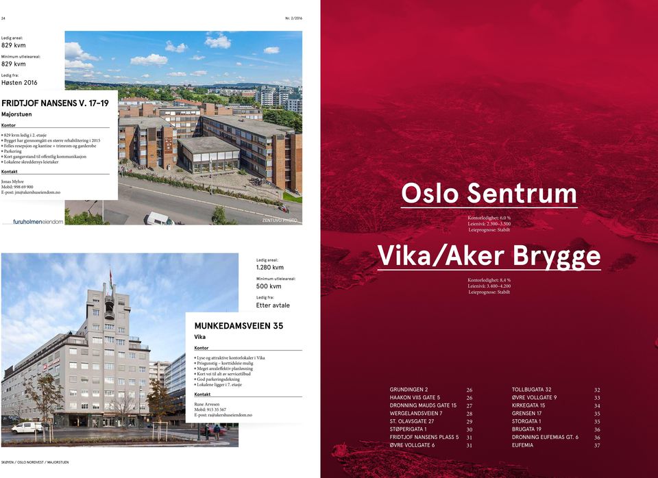 Oslo Sentrum Jonas Myhre Mobil: 998 69 900 E-post: jm@akershuseiendom.no ledighet: 6,0 % Leienivå: 2.300 3.500 Leieprognose: Stabilt ZENTUVO PHOTO 1.
