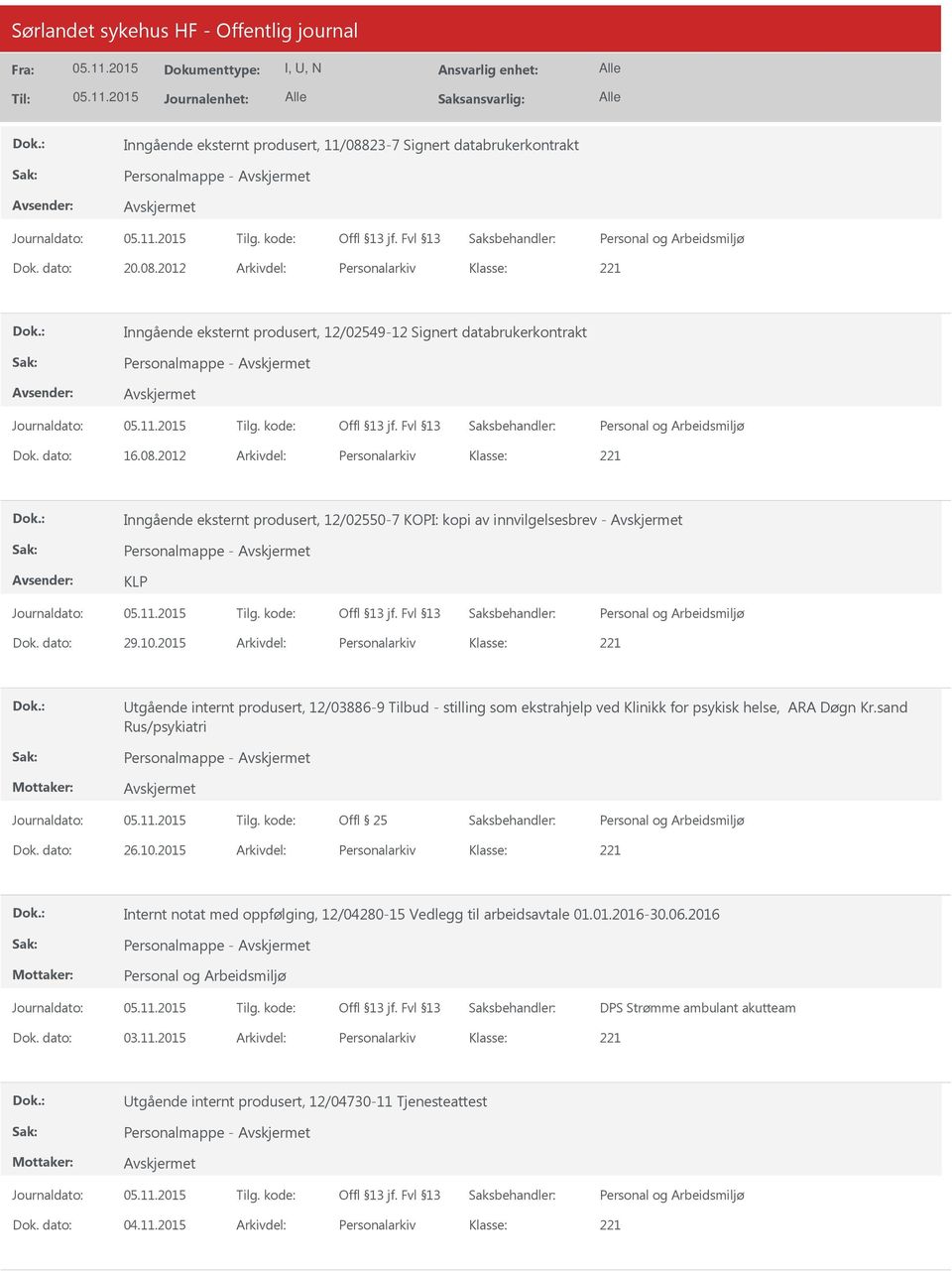 2015 Arkivdel: Personalarkiv tgående internt produsert, 12/03886-9 Tilbud - stilling som ekstrahjelp ved Klinikk for psykisk helse, ARA Døgn Kr.sand Rus/psykiatri Personalmappe - Dok. dato: 26.10.