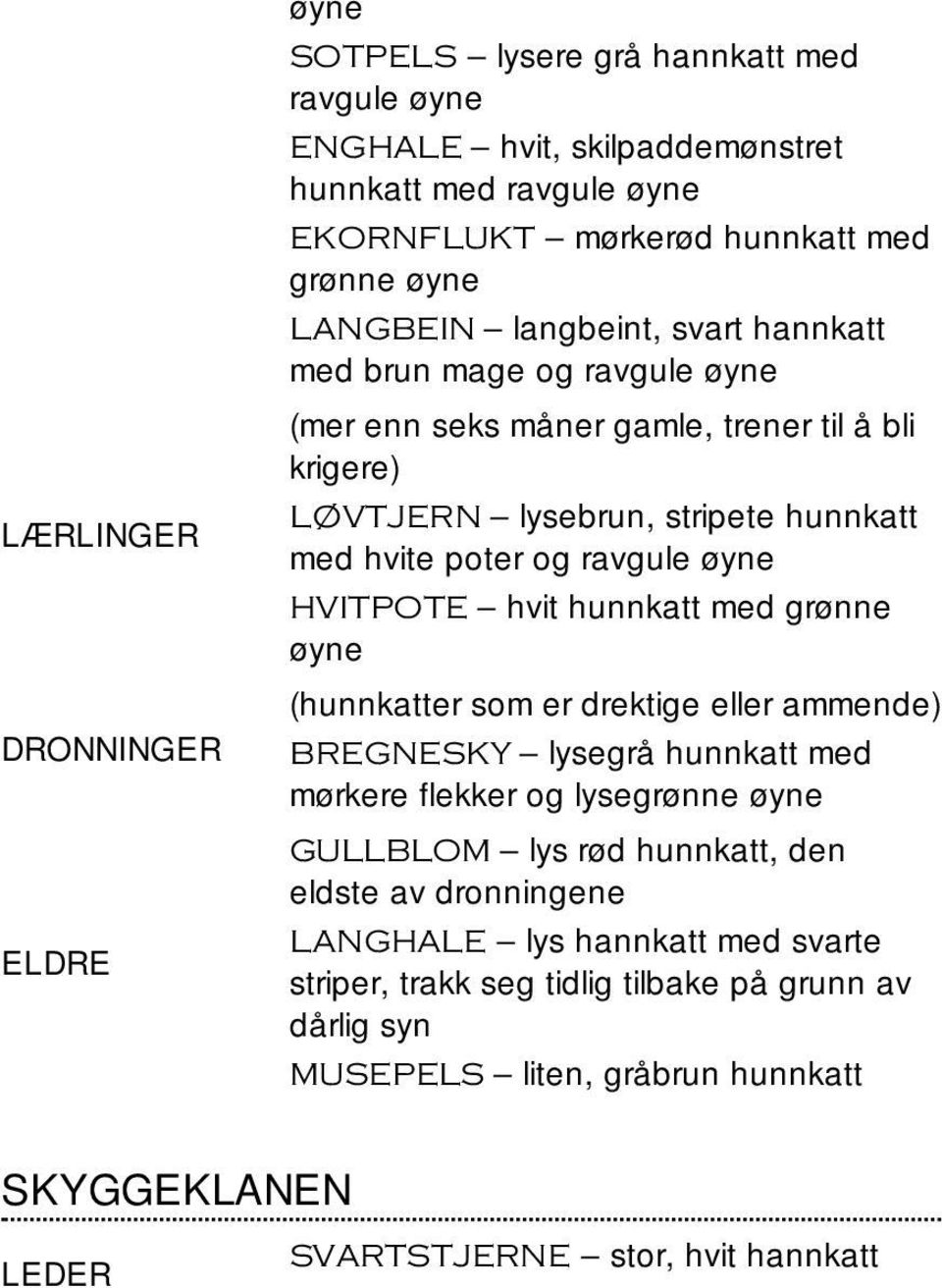 øyne HVITPOTE hvit hunnkatt med grønne øyne (hunnkatter som er drektige eller ammende) BREGNESKY lysegrå hunnkatt med mørkere flekker og lysegrønne øyne GULLBLOM lys rød