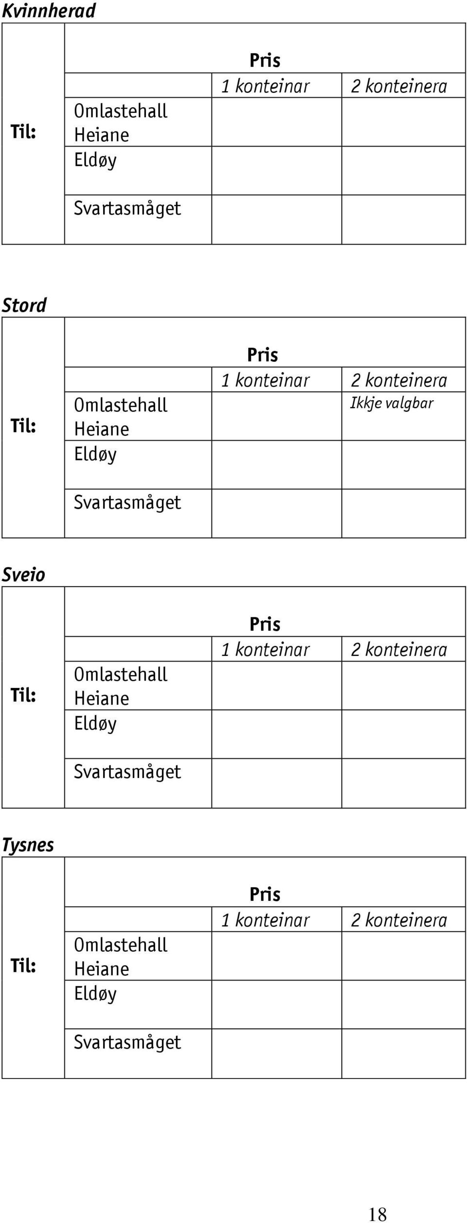 valgbar Sveio Til: Omlastehall Heiane Eldøy Svartasmåget Pris 1 konteinar 2