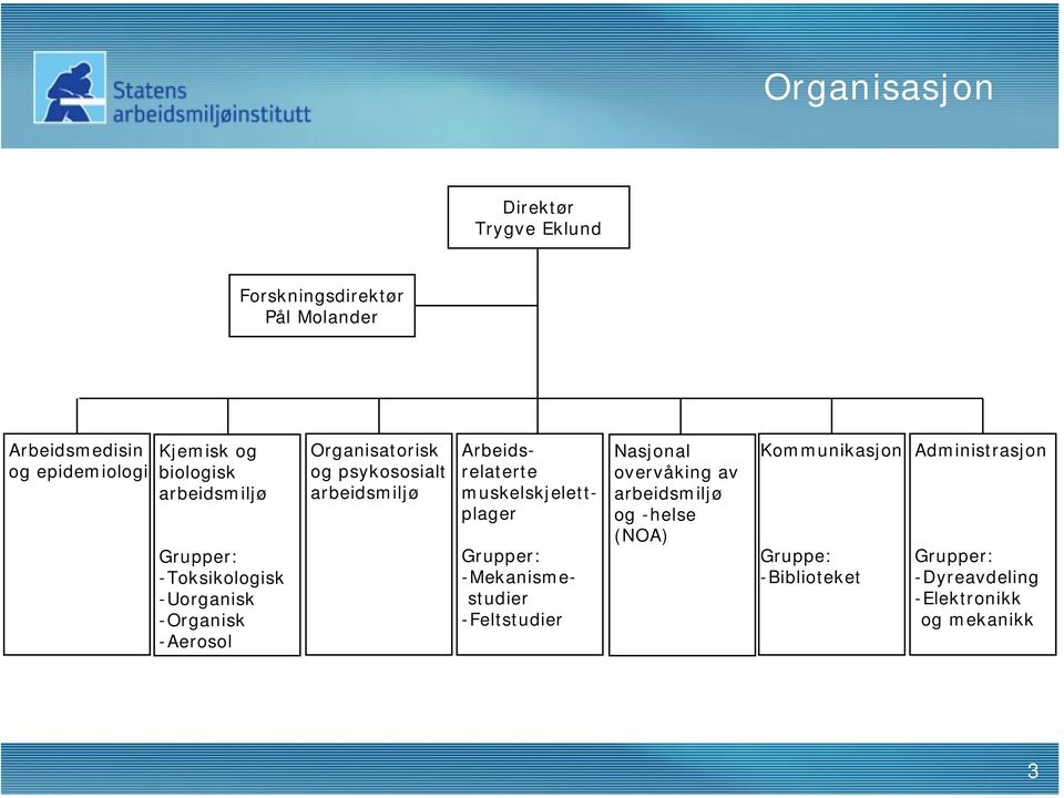 arbeidsmiljø Arbeidsrelaterte muskelskjelettplager Grupper: -Mekanismestudier -Feltstudier Nasjonal overvåking av